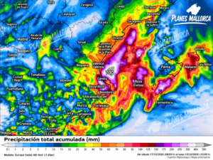 Un modelo meteorológico dibuja acumulaciones de hasta 700 mm cerca de Mallorca Mapa de lluvias intensas en el Mediterráneo